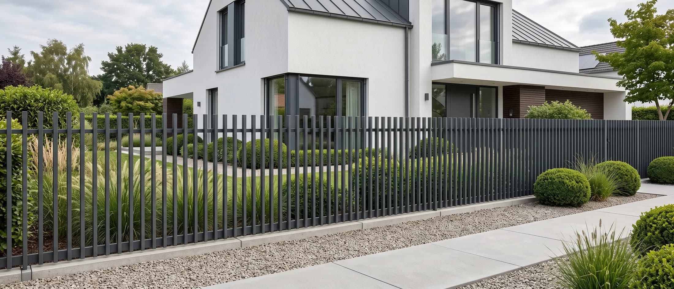Beispielhafte Visualisierung eines modernen Designzauns mit vertikalen Lamellen vor einem Wohnhaus