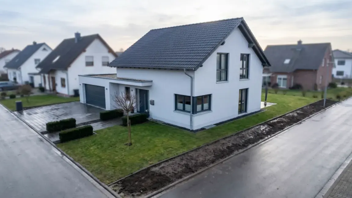 Computergenerierte Visualisierung: modernes Einfamilienhaus mit offener Grundstücksgrenze, entlang der ein Zaun entstehen wird